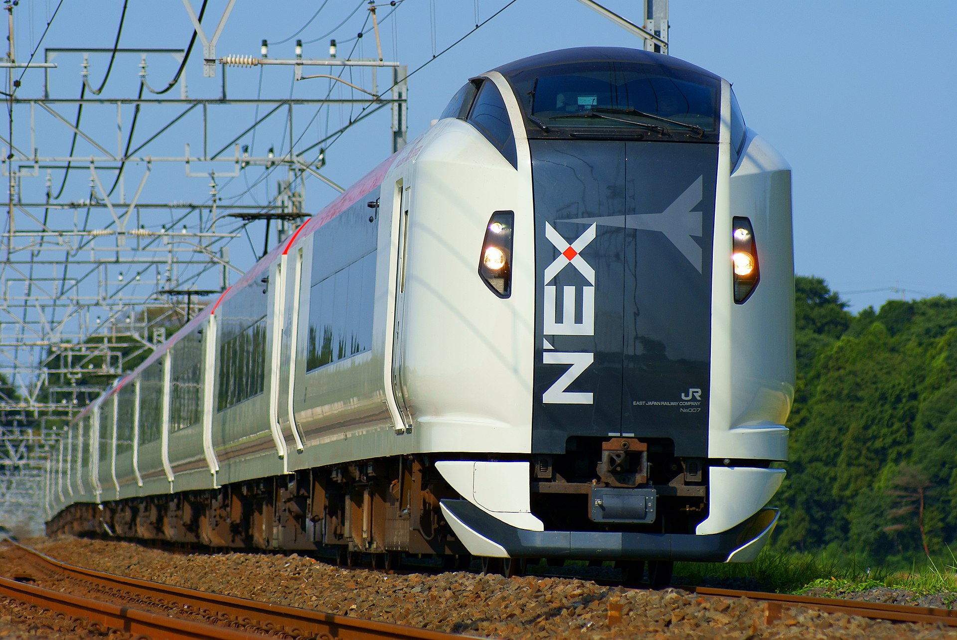 A JR Narita Express train waiting at an airport platform