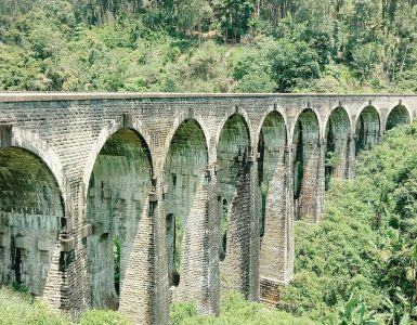 The stone Nine Arch Bridge curving through jungle at Ella, Sri Lanka