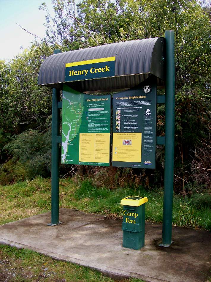 Information sign at Henry Creek, a Department of Conservation campsite in New Zealand