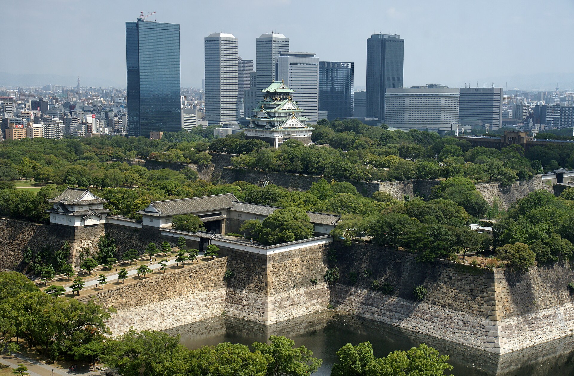 The reconstructed main keep of Osaka Castle seen across its stone base