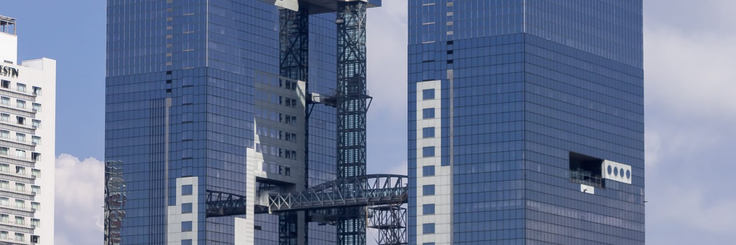 The twin towers and floating observatory of the Umeda Sky Building in northern Osaka
