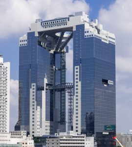 The twin towers and floating observatory of the Umeda Sky Building in northern Osaka