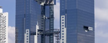 The twin towers and floating observatory of the Umeda Sky Building in northern Osaka