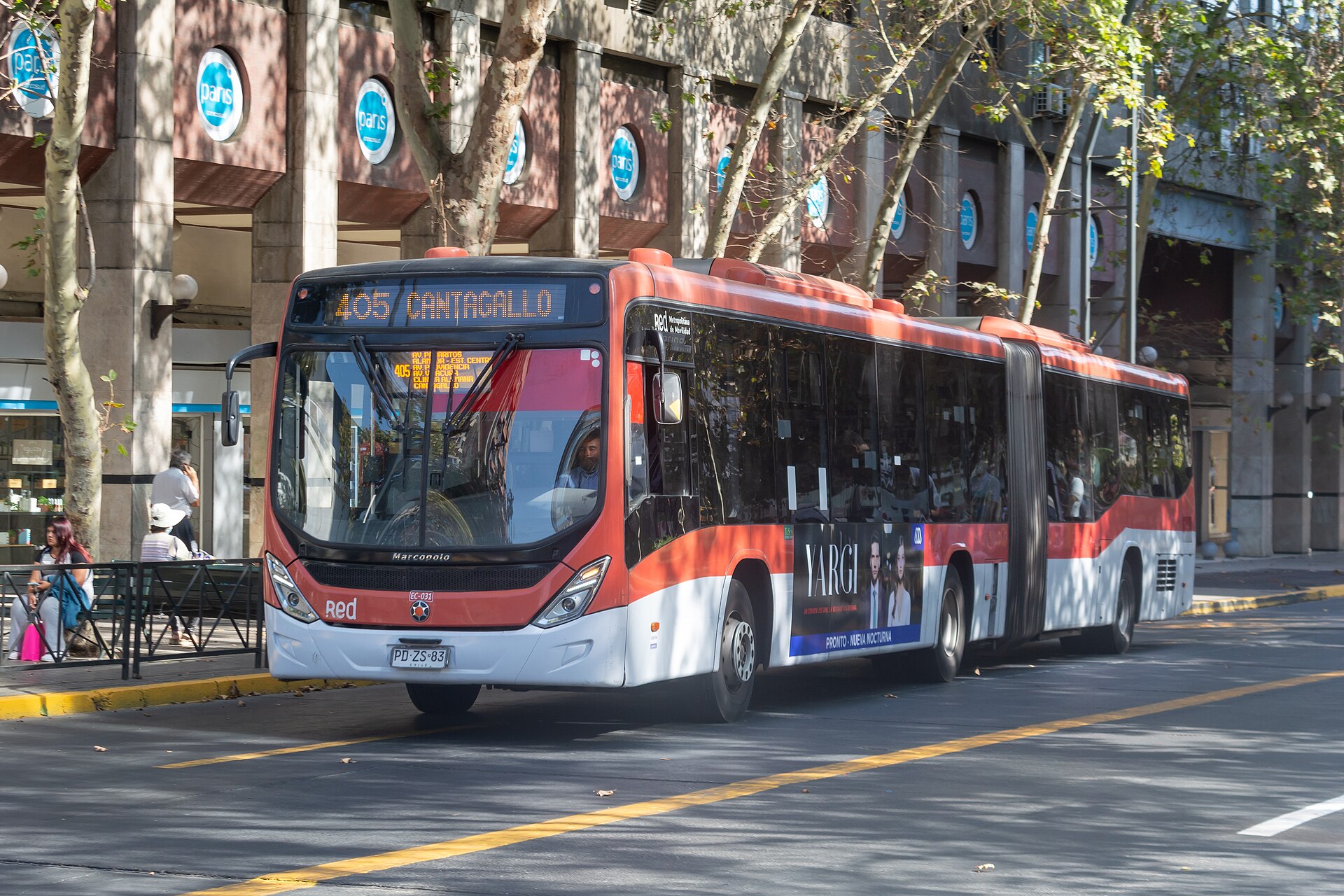 A city bus on Nueva Providencia avenue in the Providencia district of Santiago
