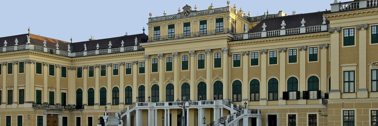 Schönbrunn Palace north facade in Vienna seen across the forecourt