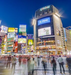 The scramble crossing at Shibuya in Tokyo