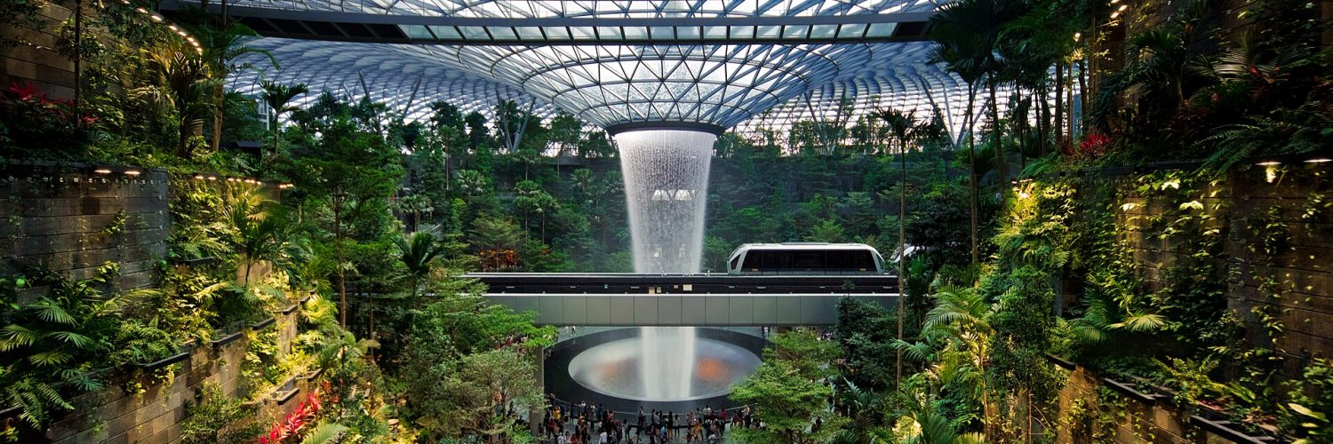 The Rain Vortex indoor waterfall at Jewel Changi Airport in Singapore