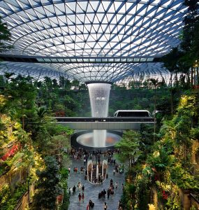 The Rain Vortex indoor waterfall at Jewel Changi Airport in Singapore