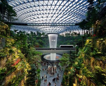 The Rain Vortex indoor waterfall at Jewel Changi Airport in Singapore
