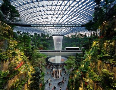 The Rain Vortex indoor waterfall at Jewel Changi Airport in Singapore