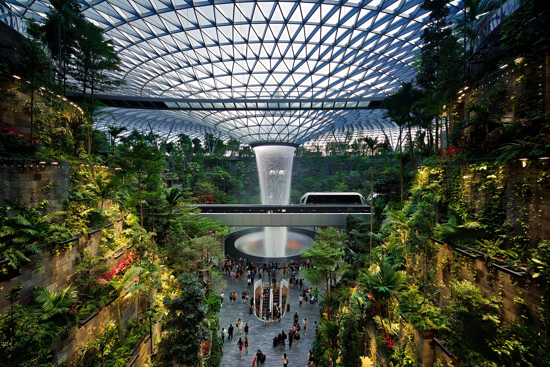 The Rain Vortex indoor waterfall at Jewel Changi Airport in Singapore