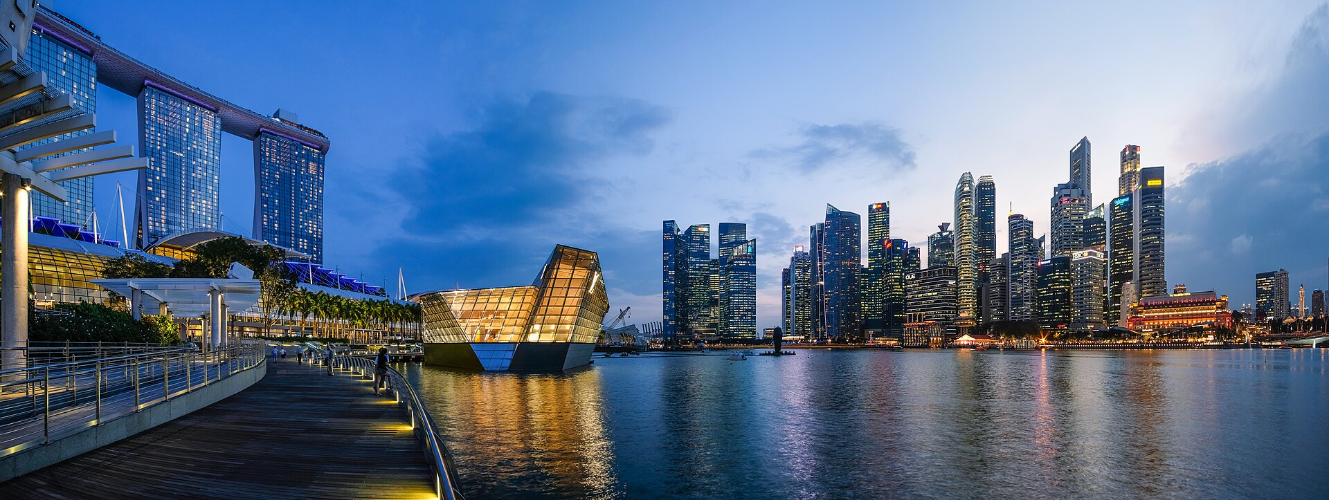 The Marina Bay skyline in Singapore at dusk with Marina Bay Sands on the right