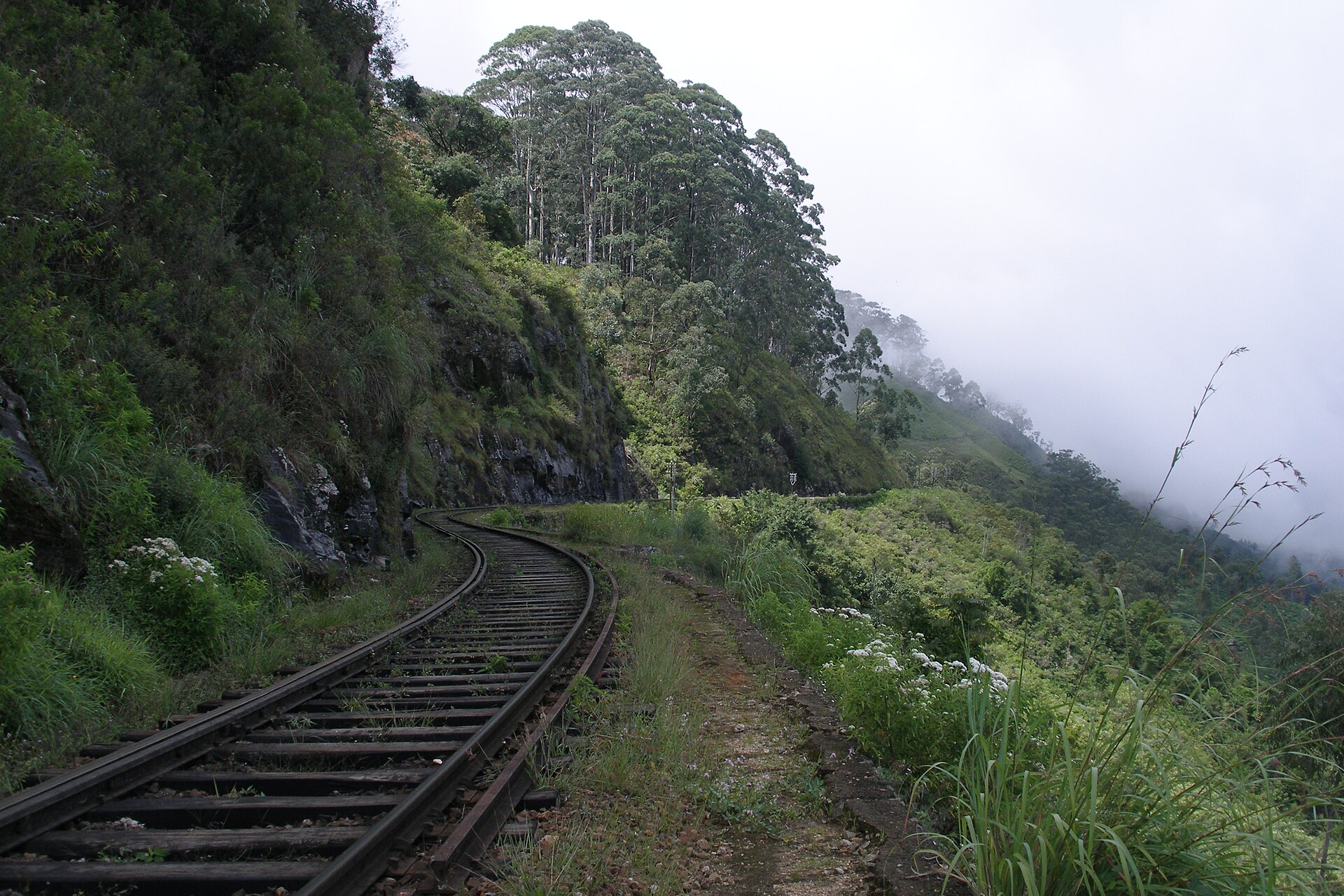 Mountain railway track winding through the tea-covered hill country near Haputale, Sri Lanka