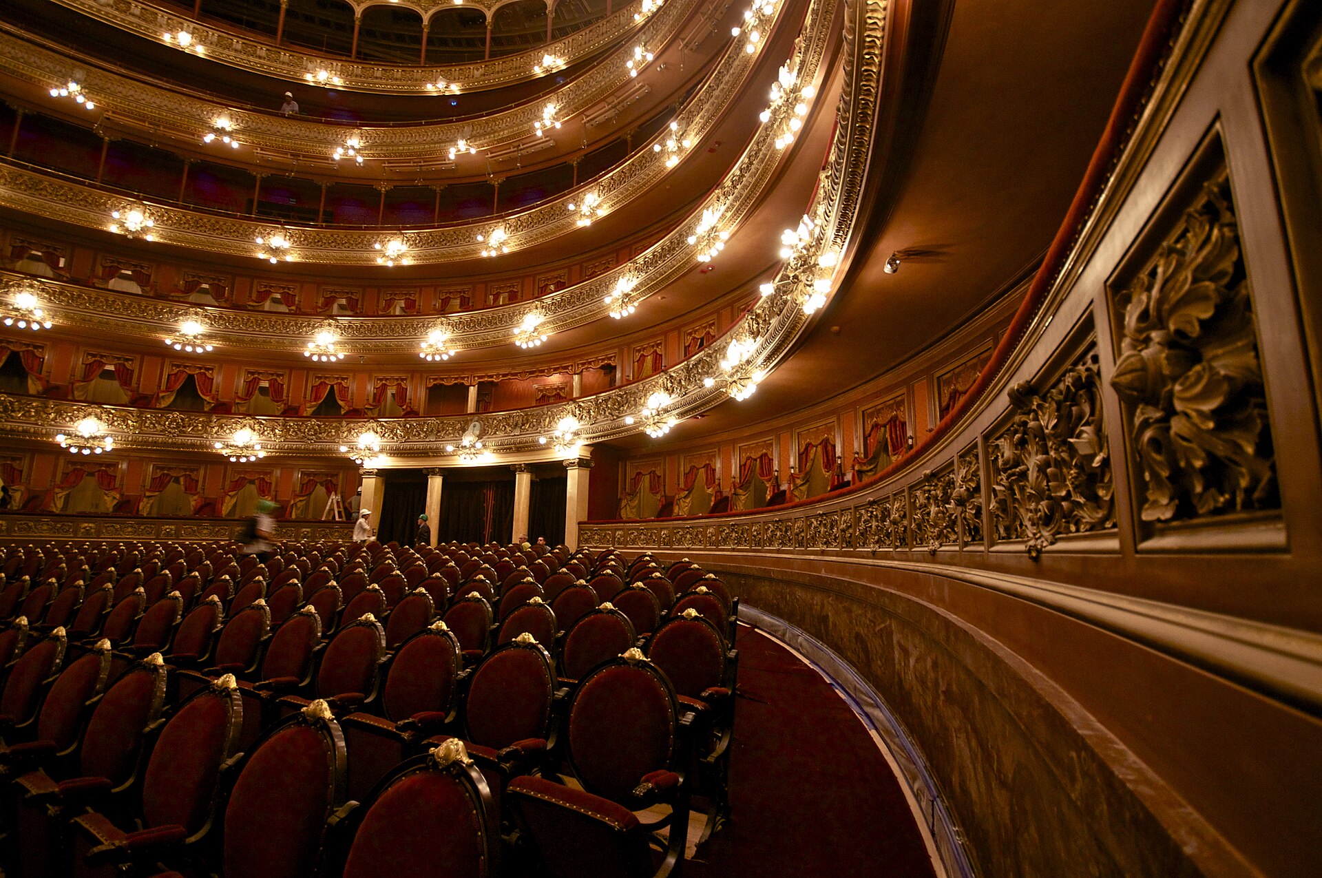 The horseshoe-shaped auditorium of the Teatro Colon opera house in Buenos Aires