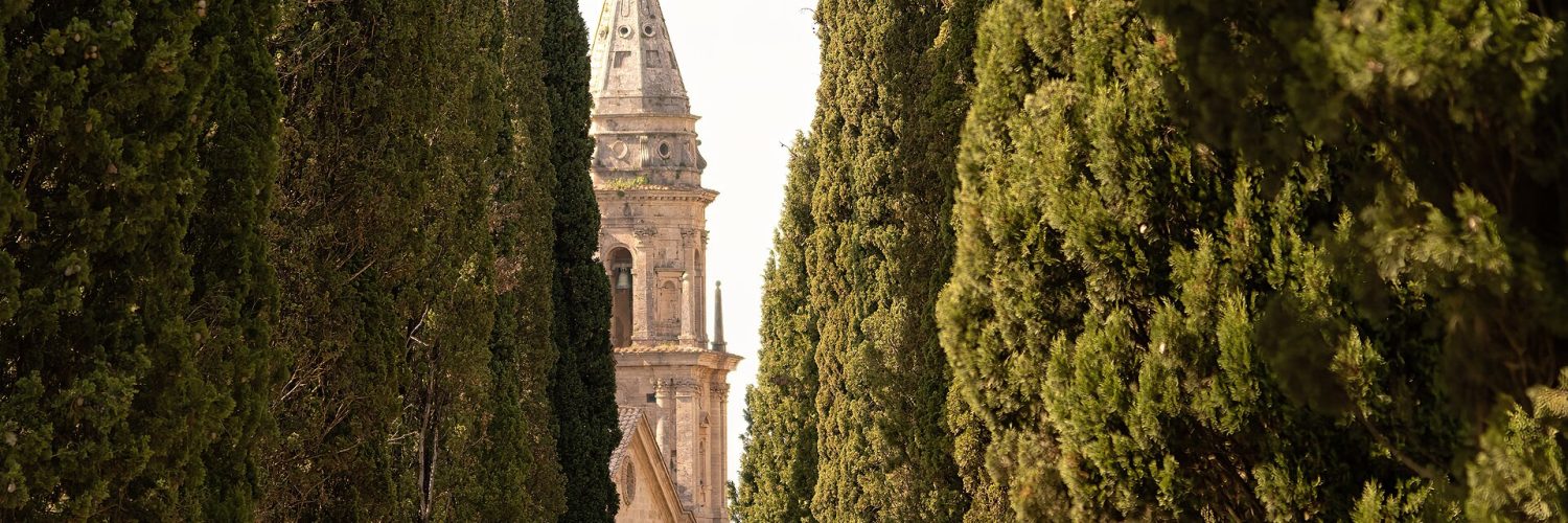 A narrow country road lined with cypress trees crossing the Tuscan hills