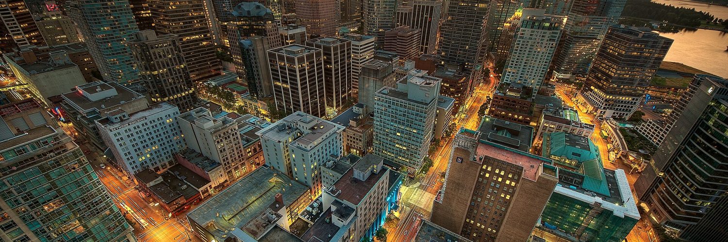 Downtown Vancouver skyline and harbour at sunset