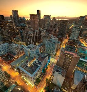 Downtown Vancouver skyline and harbour at sunset