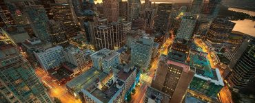 Downtown Vancouver skyline and harbour at sunset