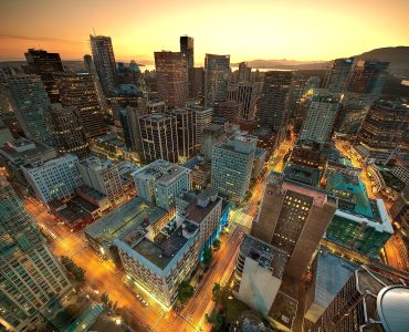 Downtown Vancouver skyline and harbour at sunset
