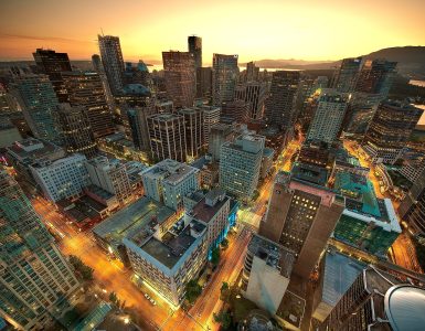 Downtown Vancouver skyline and harbour at sunset