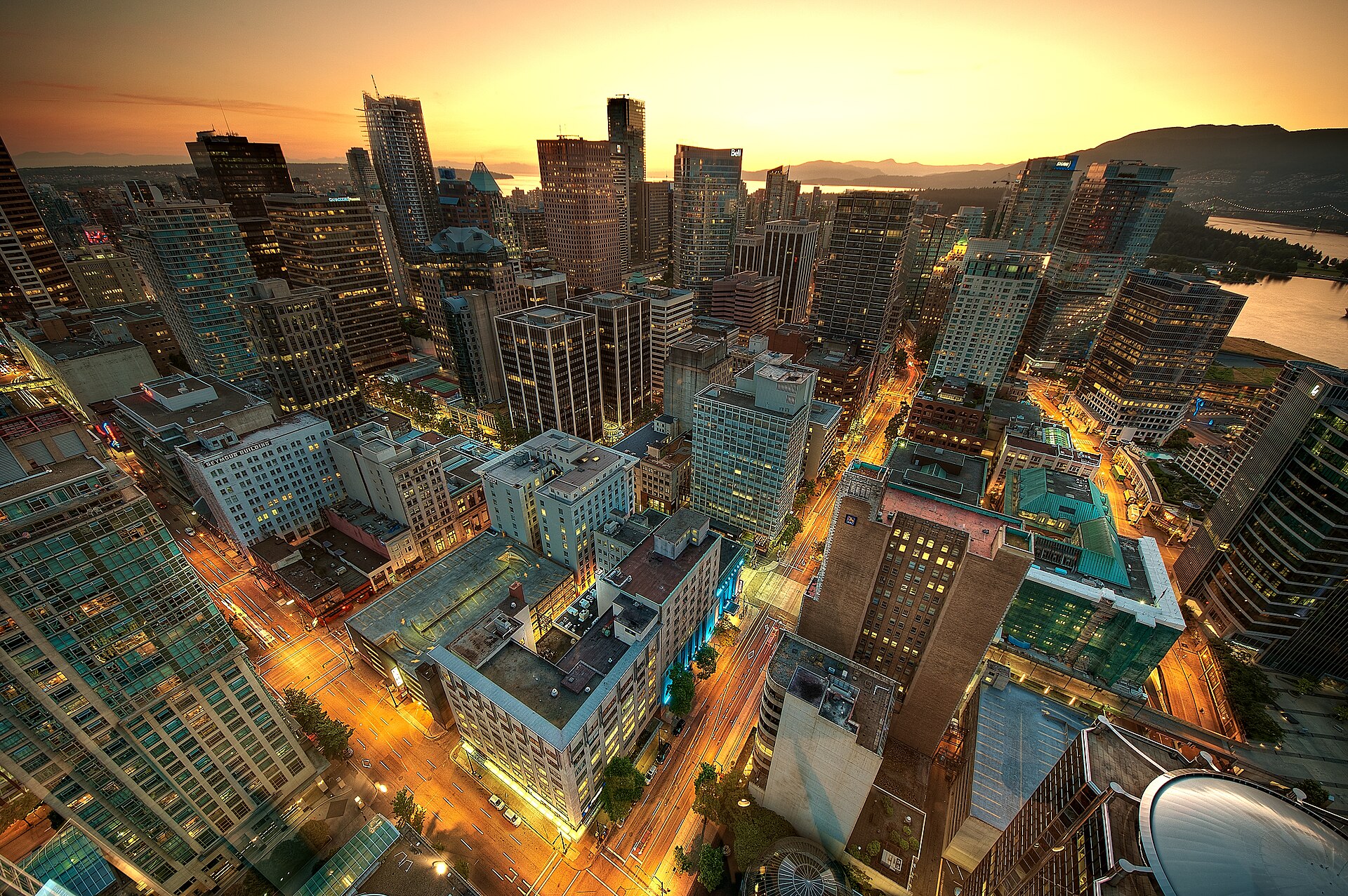 Downtown Vancouver skyline and harbour at sunset