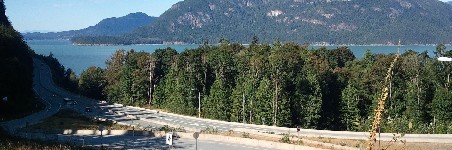 Highway 99, the Sea to Sky Highway, curving along Howe Sound north of Vancouver