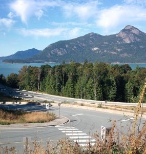 Highway 99, the Sea to Sky Highway, curving along Howe Sound north of Vancouver