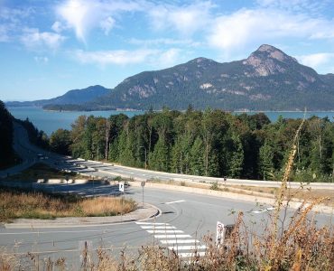 Highway 99, the Sea to Sky Highway, curving along Howe Sound north of Vancouver