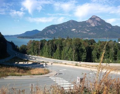 Highway 99, the Sea to Sky Highway, curving along Howe Sound north of Vancouver