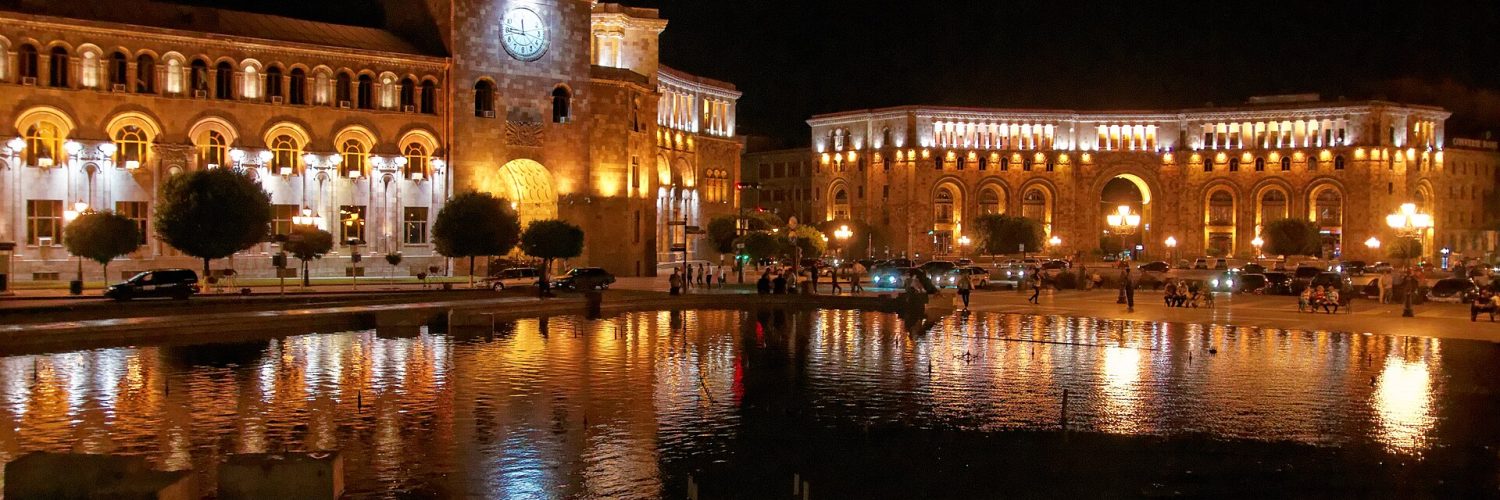 Republic Square in Yerevan lit up at night