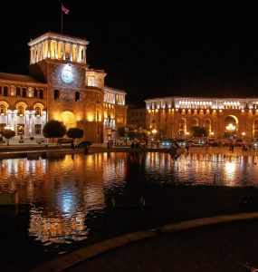 Republic Square in Yerevan lit up at night