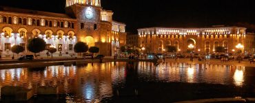 Republic Square in Yerevan lit up at night