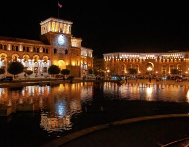 Republic Square in Yerevan lit up at night