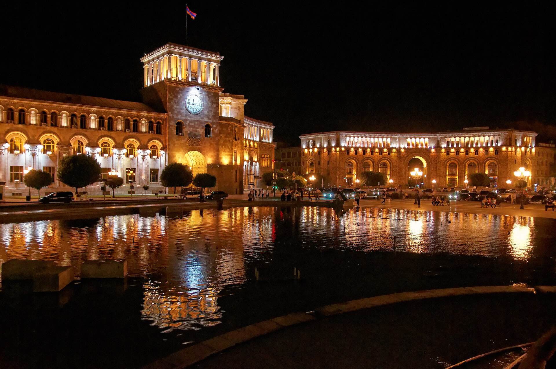 Republic Square in Yerevan lit up at night
