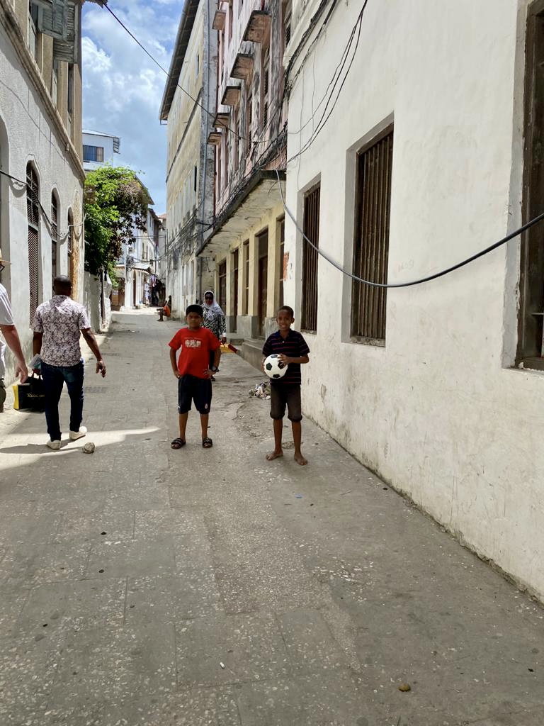 Narrow alley lined with carved wooden doors in Stone Town, Zanzibar