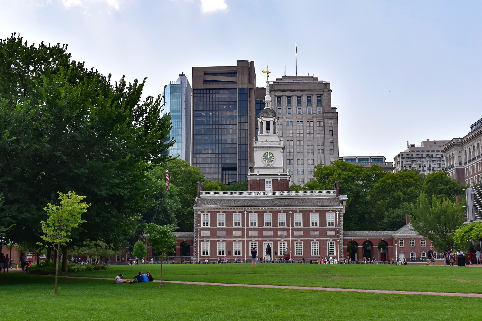 The brick facade and clock tower of Independence Hall in Philadelphia