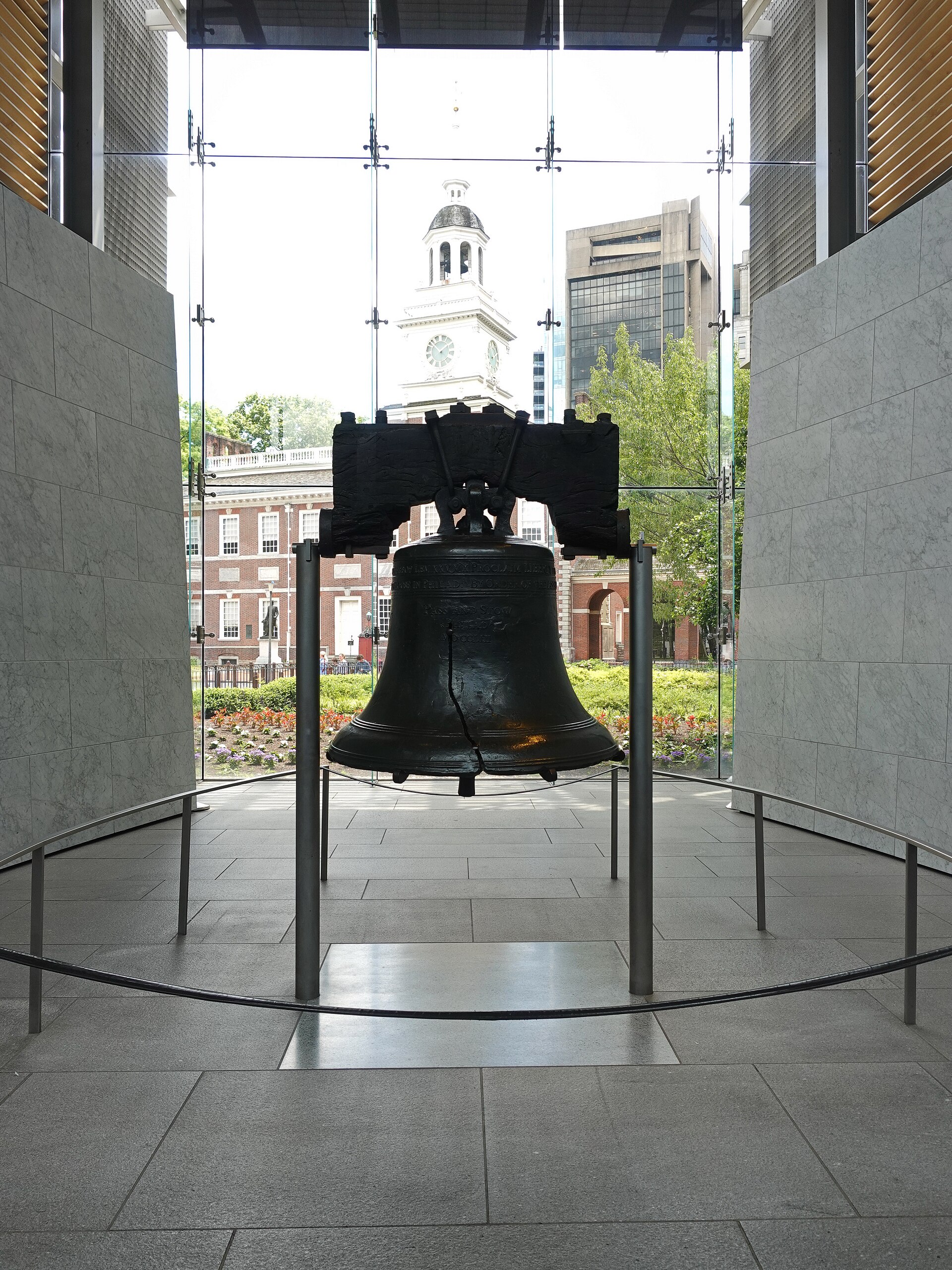 The cracked Liberty Bell on display at the Liberty Bell Center in Philadelphia