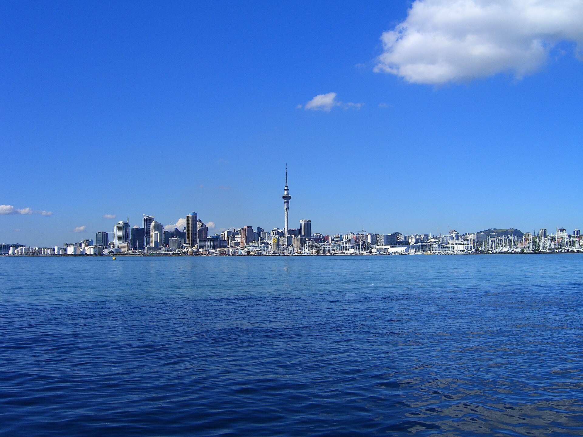The Auckland skyline and harbour seen from the Harbour Bridge