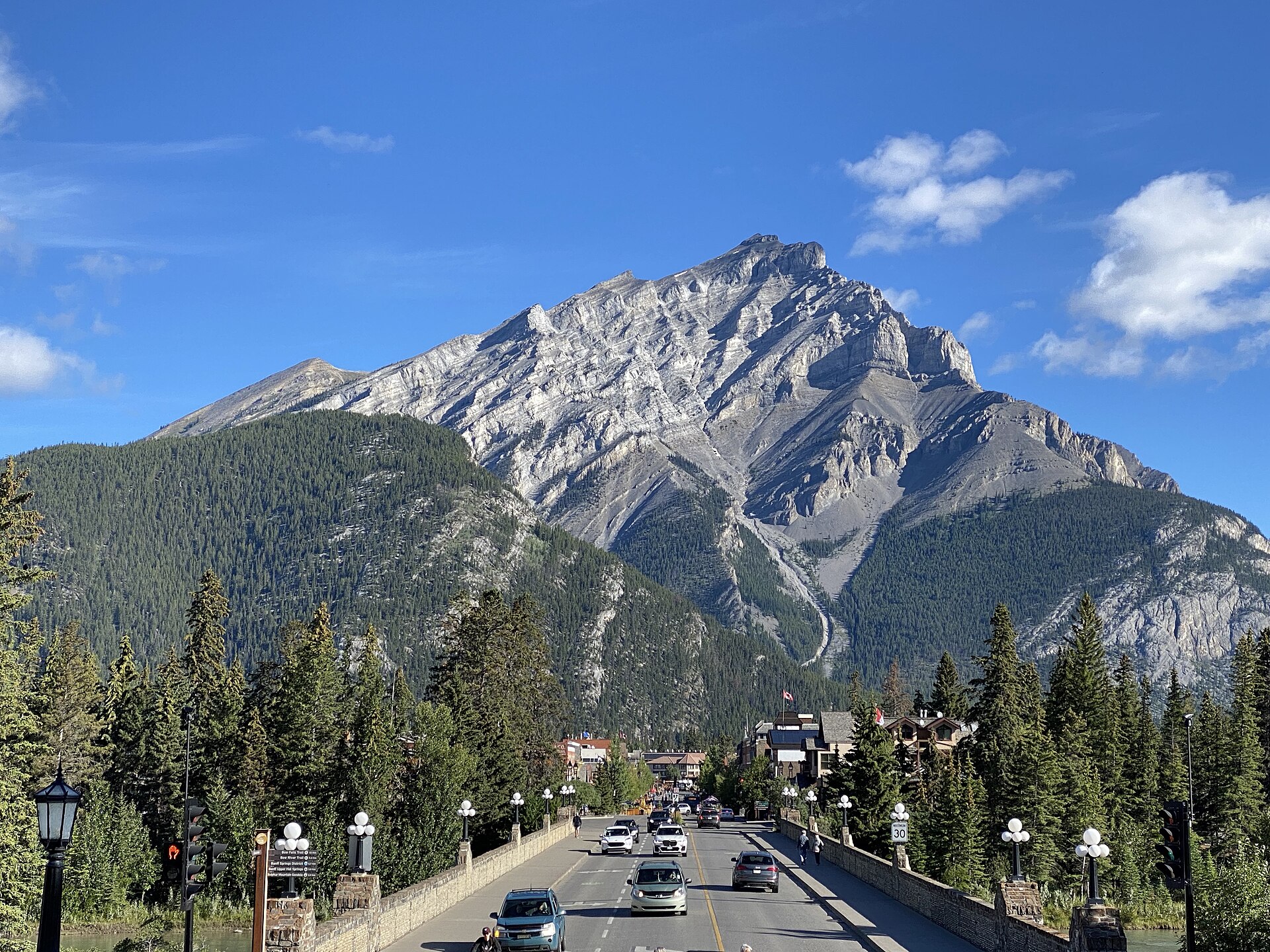 Banff Avenue in the Banff townsite with Cascade Mountain rising behind it
