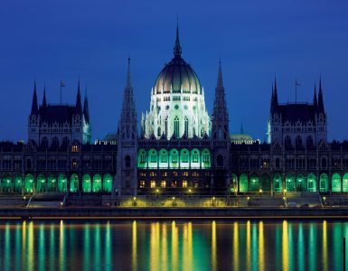 The Hungarian Parliament Building seen across the Danube from the Buda side of Budapest