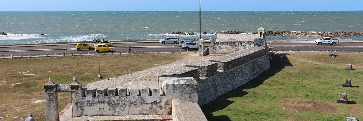 The colonial stone walls surrounding the old city of Cartagena, Colombia