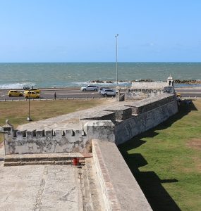 The colonial stone walls surrounding the old city of Cartagena, Colombia