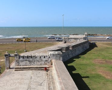 The colonial stone walls surrounding the old city of Cartagena, Colombia