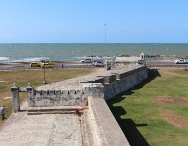The colonial stone walls surrounding the old city of Cartagena, Colombia