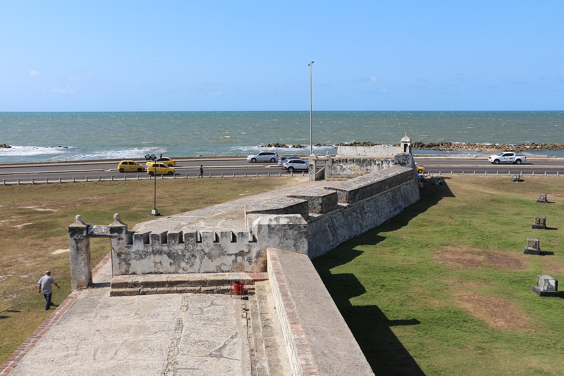 Cartagena's colonial city walls with the Caribbean Sea beyond