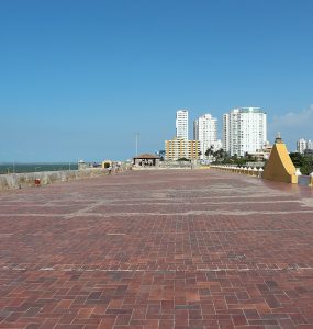 Walkway along the top of the old city walls in Cartagena at dusk