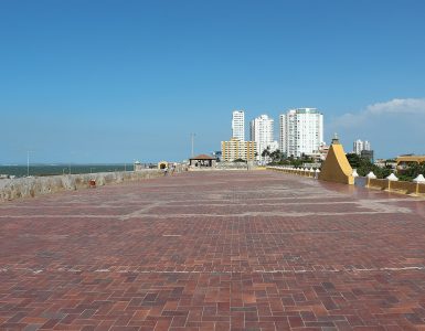 Walkway along the top of the old city walls in Cartagena at dusk