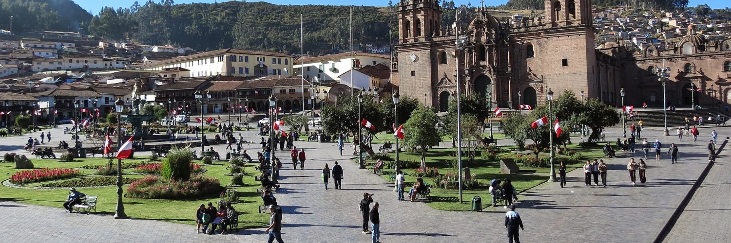 The Plaza de Armas in Cusco with the cathedral and colonial arcades