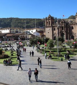 The Plaza de Armas in Cusco with the cathedral and colonial arcades