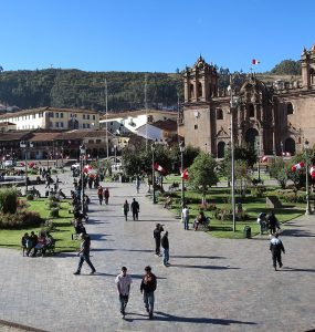 The Plaza de Armas in Cusco with the cathedral and colonial arcades
